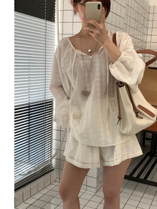 Fashionable Lace Embroidered Long Sleeve Top Shorts Set Women's Casual Summer Outfit Two-Piece Suit Leisure Style