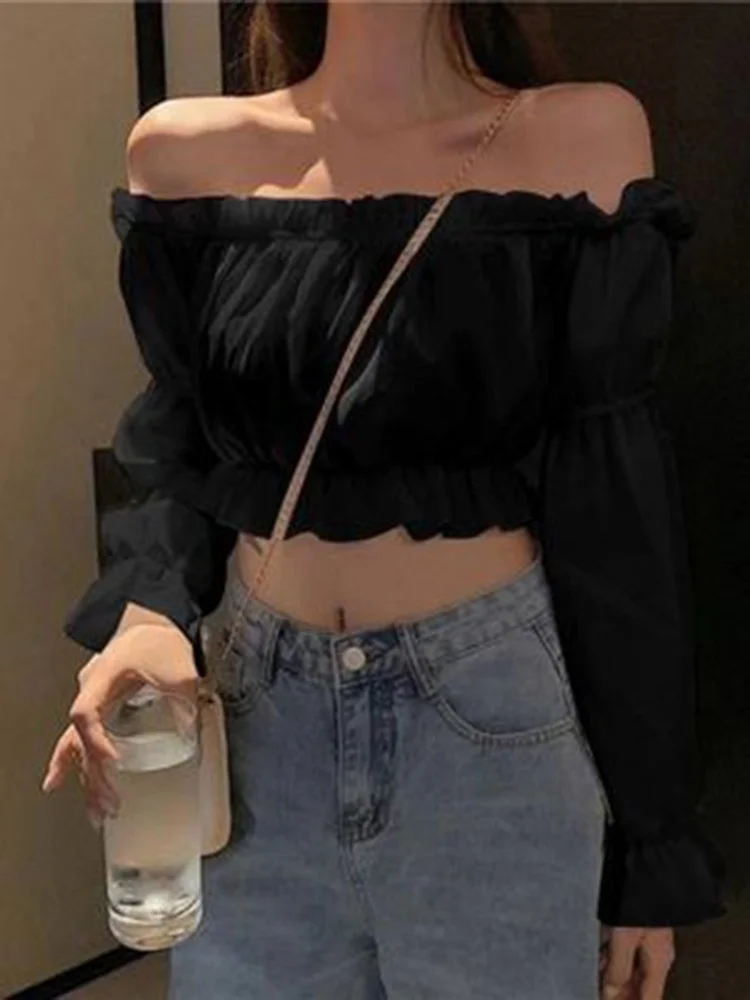 

Crop Top T Shirts Japanese Vintage Clothes Drying Cinched Puff Sleeve Bohemian Sided Chain Basics Girl Awesome Dreamy Cream Vibe