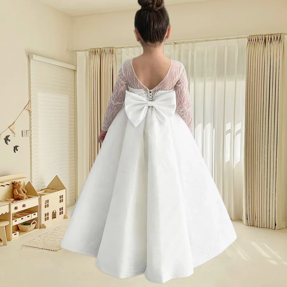 

White Stain Flower Girl Dress Long Sleeve Tulle O-neck Bow Wedding Lovely Flower Girl Prom Supper Evening Party Dress Customized