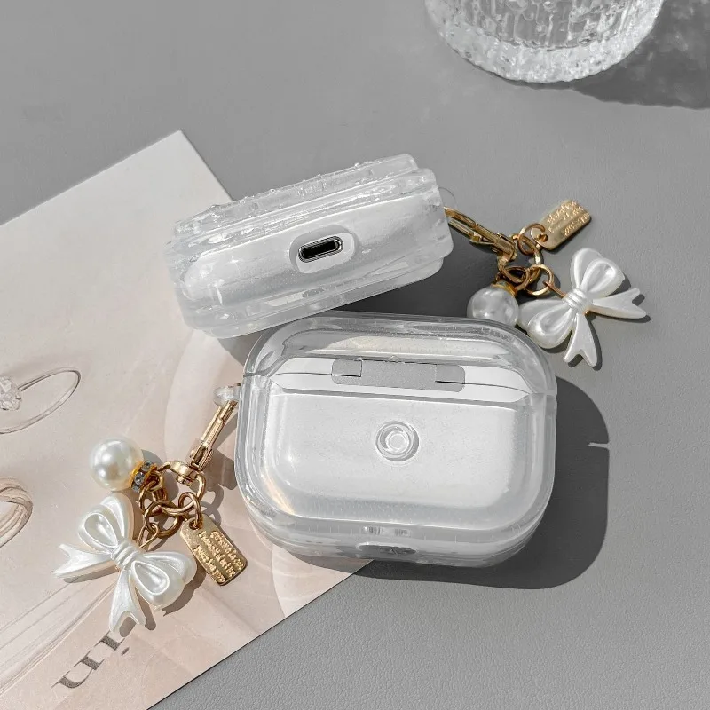 Custodia protettiva morbida per AirPods trasparente con fiocco carino e ciondolo per AirPods 1/2/3/4 Pro/Pro 2/Pro 3
