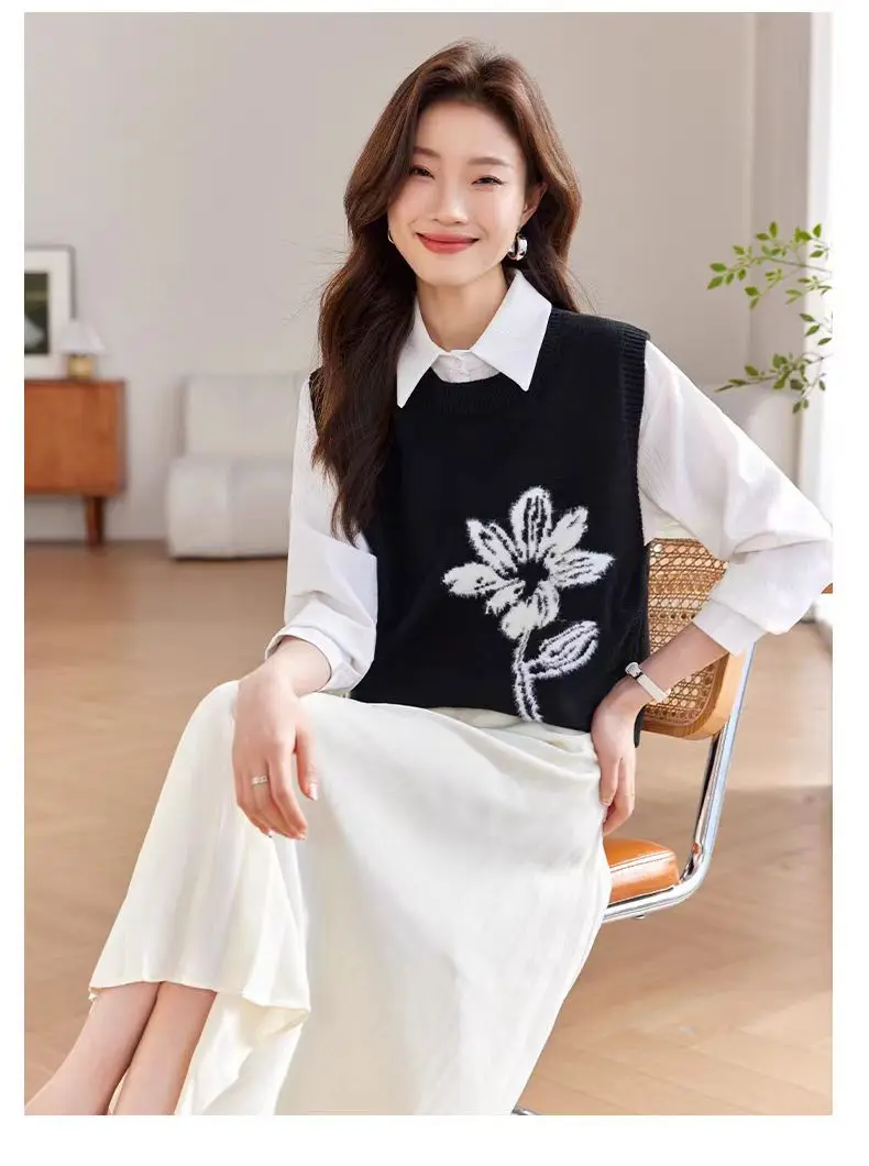 Spring and Autumn New Pure Wool Knitted Vest with Round Neck Pullover Embroidered Flower Design, Simple and Fashionable