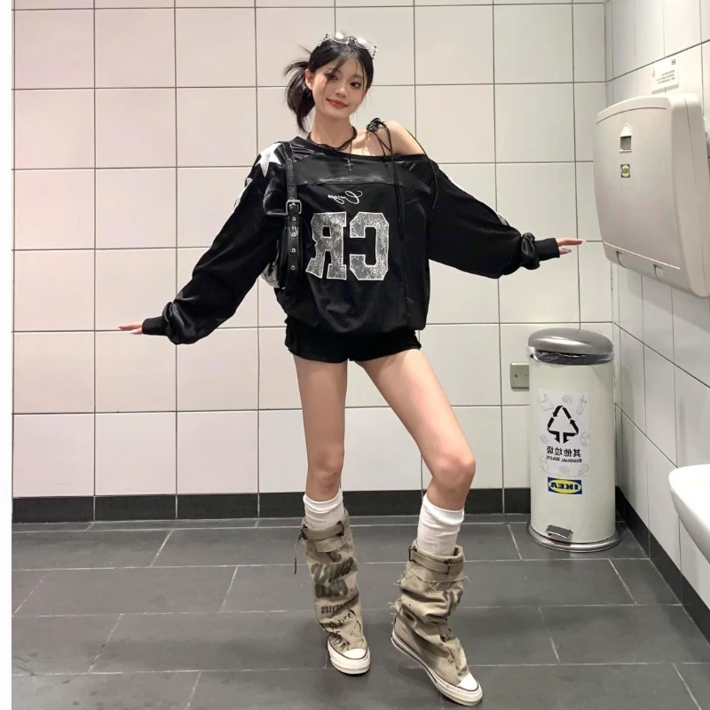 Y2k Ästhetische Spitze Brief Hoodie Frauen Skew Kragen Spitze Up Streetwear Hoody Harajuku Vintage Übergroßen Streifen Langarm Tops