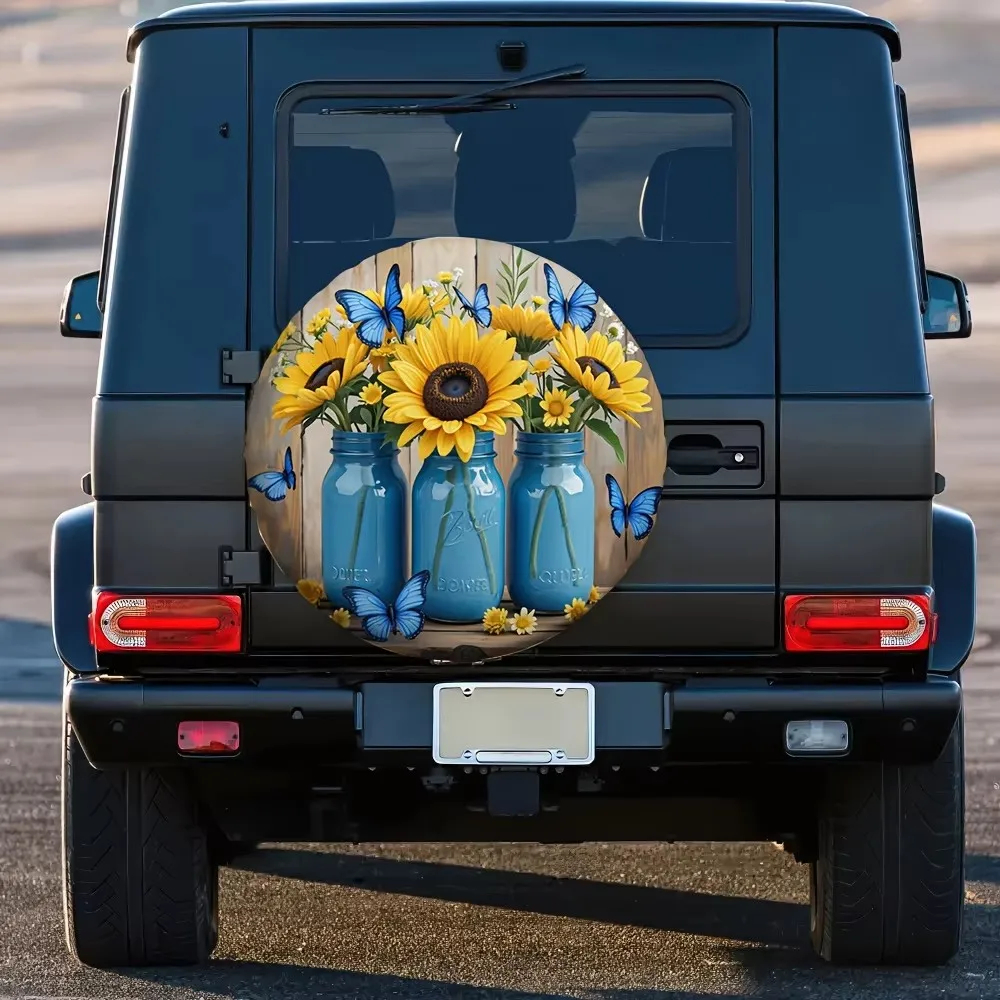 Sunflower Butterfly Print Spare Tire Cover Universal Polyester Tire Protector for Vehicle Decoration