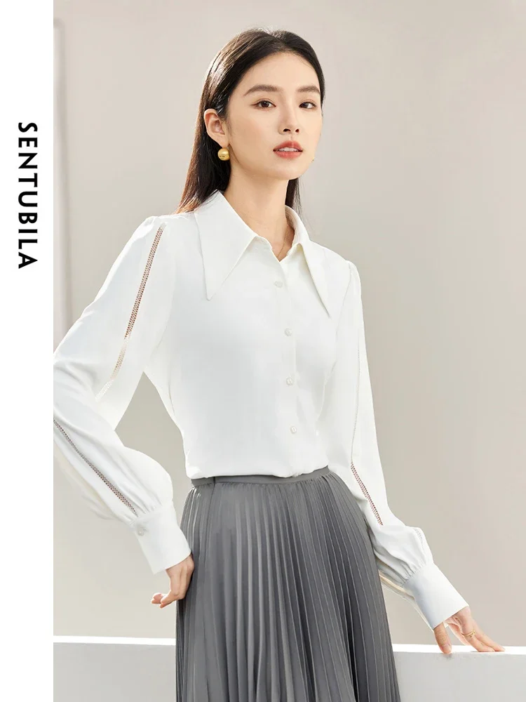 SENTUBILA Hollow Out Simple Casual White Shirt 2025 Spring Summer Polo Collar Button Up Long Sleeve Blouses for Women 143C57366X