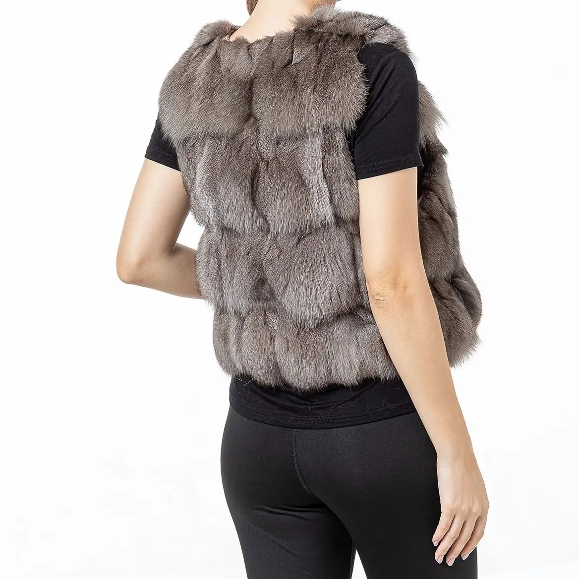 Women's Natural Fox Fur Vest, Sleeveless Waistcoat, Korean Fashion, All-Match Clothing, Brown, Navy Blue Color, Winter Outerwear