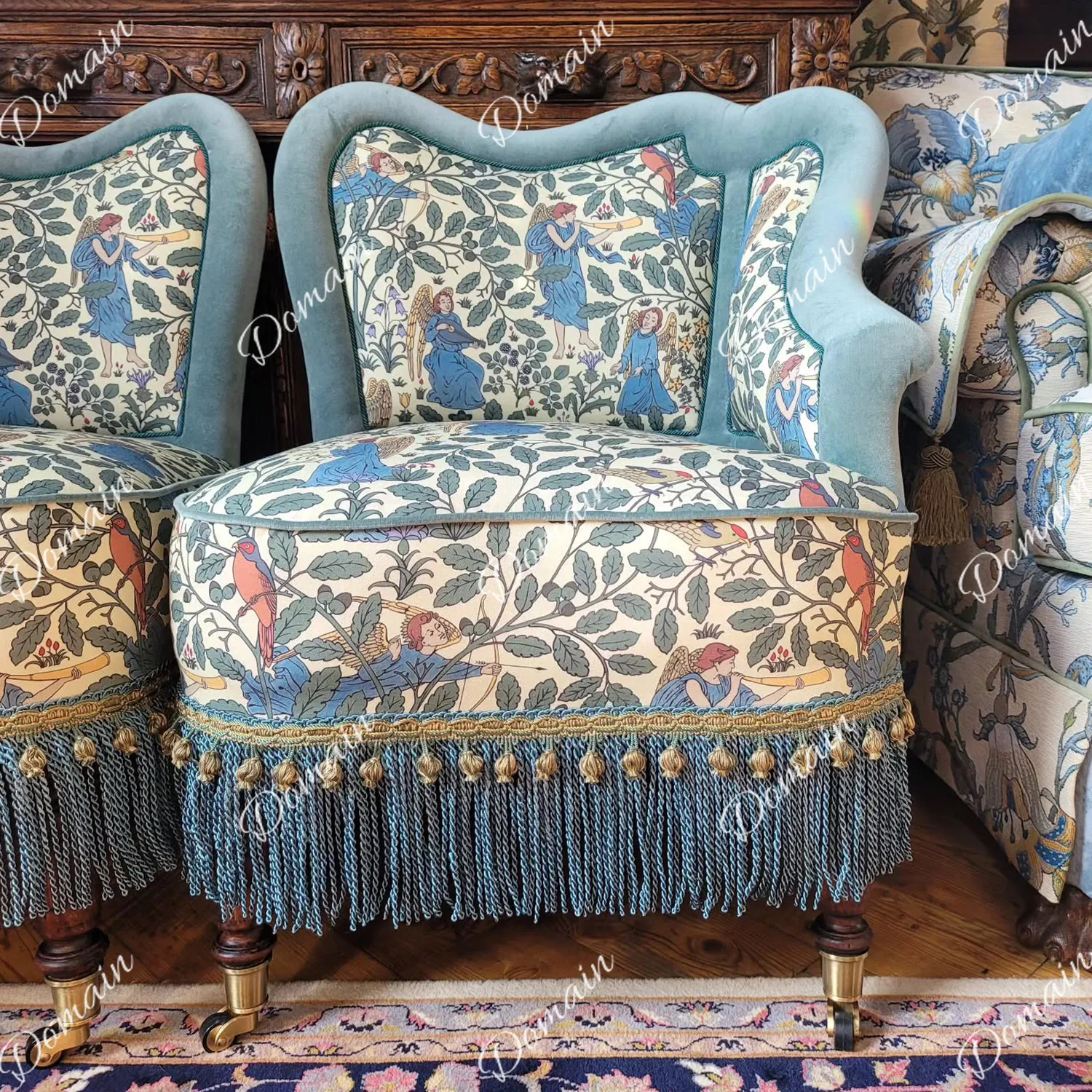 French retro solid wood sofa chair living room small apartment fringed leisure chair American country home balcony printed chair