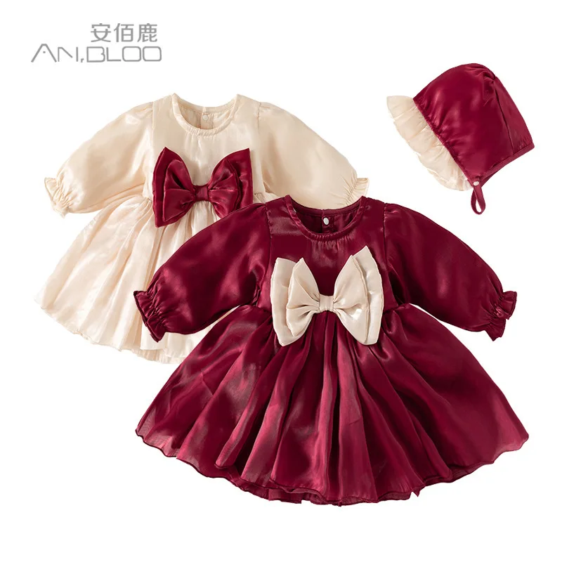 Girls Children's Clothing Dress Spring and Autumn Big Bow Mesh Silk Long Sleeved Sweet Princess Skirt