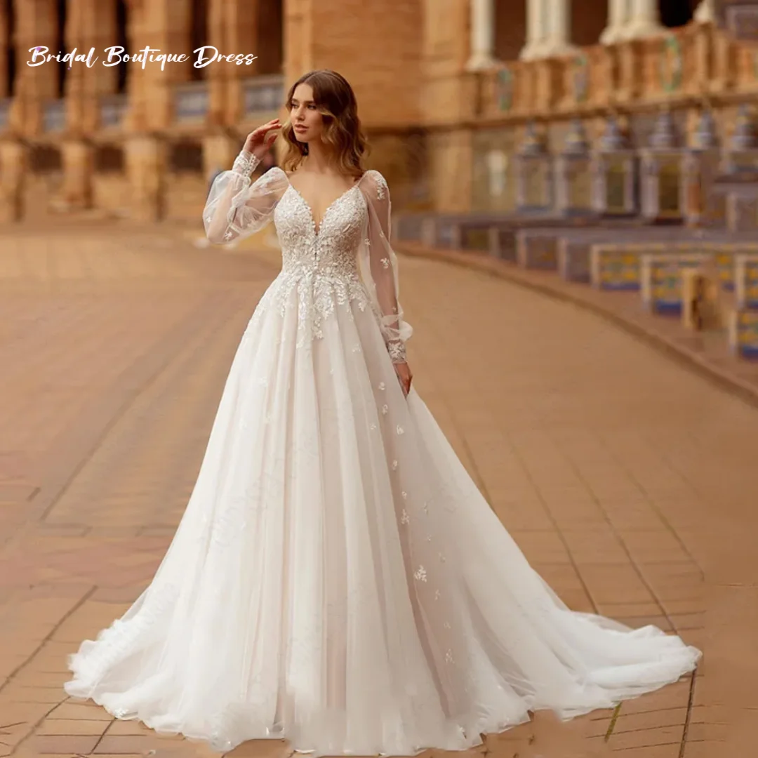 カスタムメイドのエレガントなAラインレースのウェディングパーティードレス、女性用パフスリーブチュールブライダルガウン、バックレスアップリケの花嫁ドレス