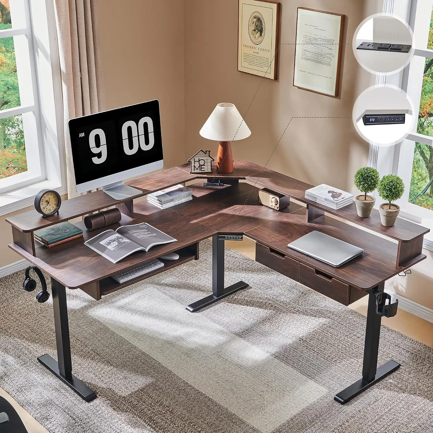 60 Inches L Shaped Electric Standing Desk 2 Tier, Dark Walnut, Customized