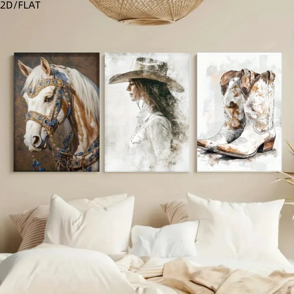 Ins Nordic 3‑Piece Framed Wall Hanging, Modern Western Horse Cowboy Hat Boots Pattern, Wall Art for Bedroom Living Room Dining