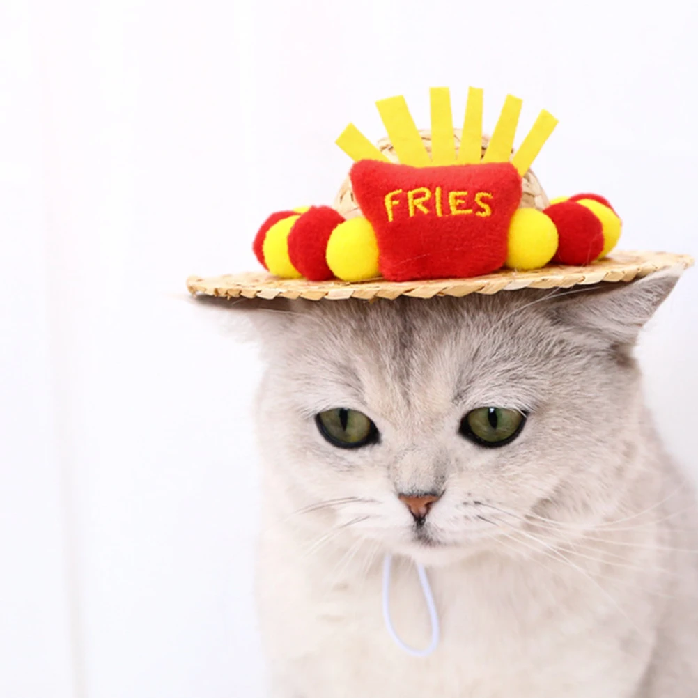 

Adjustable Cartoon Puppy Costume Cute Pet Woven Hat For Dog Kitten Party Cosplay Festival Decorative French Fries Style Pet