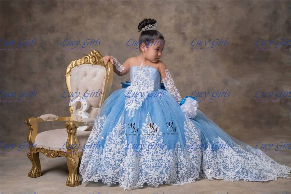 

Quality Gorgeous Flower Girls Dress Blue Tulle Fluffy White Applique with Long Tail for Kid Birthday Party Evening Ball Gowns