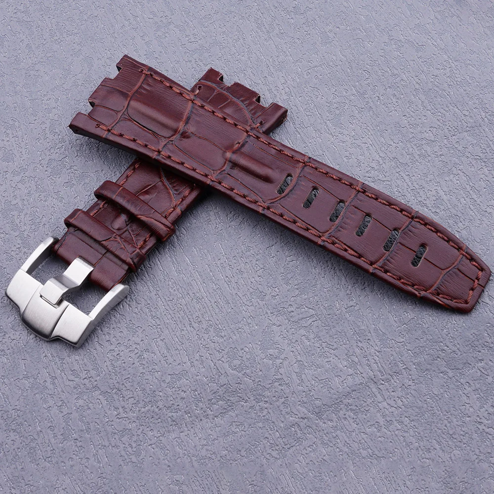 New 28mm Brown Real Leather Handmade Thick Wrist Watch Band Silver Clasp Strap Belt For ROYAL OAK OFFSHORE Audemars Piguet 42mm