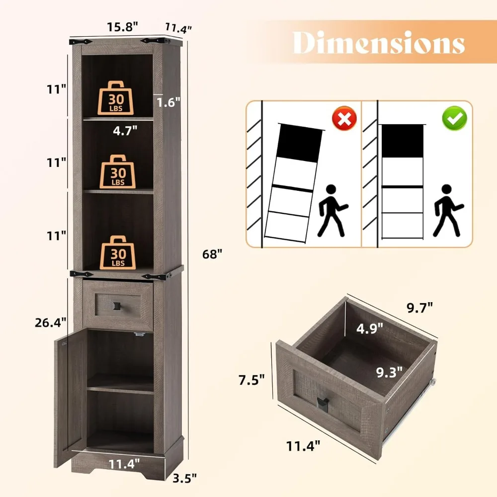 Lemari Penyimpanan Kamar Mandi Tinggi, Lemari Penyimpanan Ramping Rumah Pertanian 68" H dengan Pintu & 5 Rak & Laci yang Dapat Disesuaikan