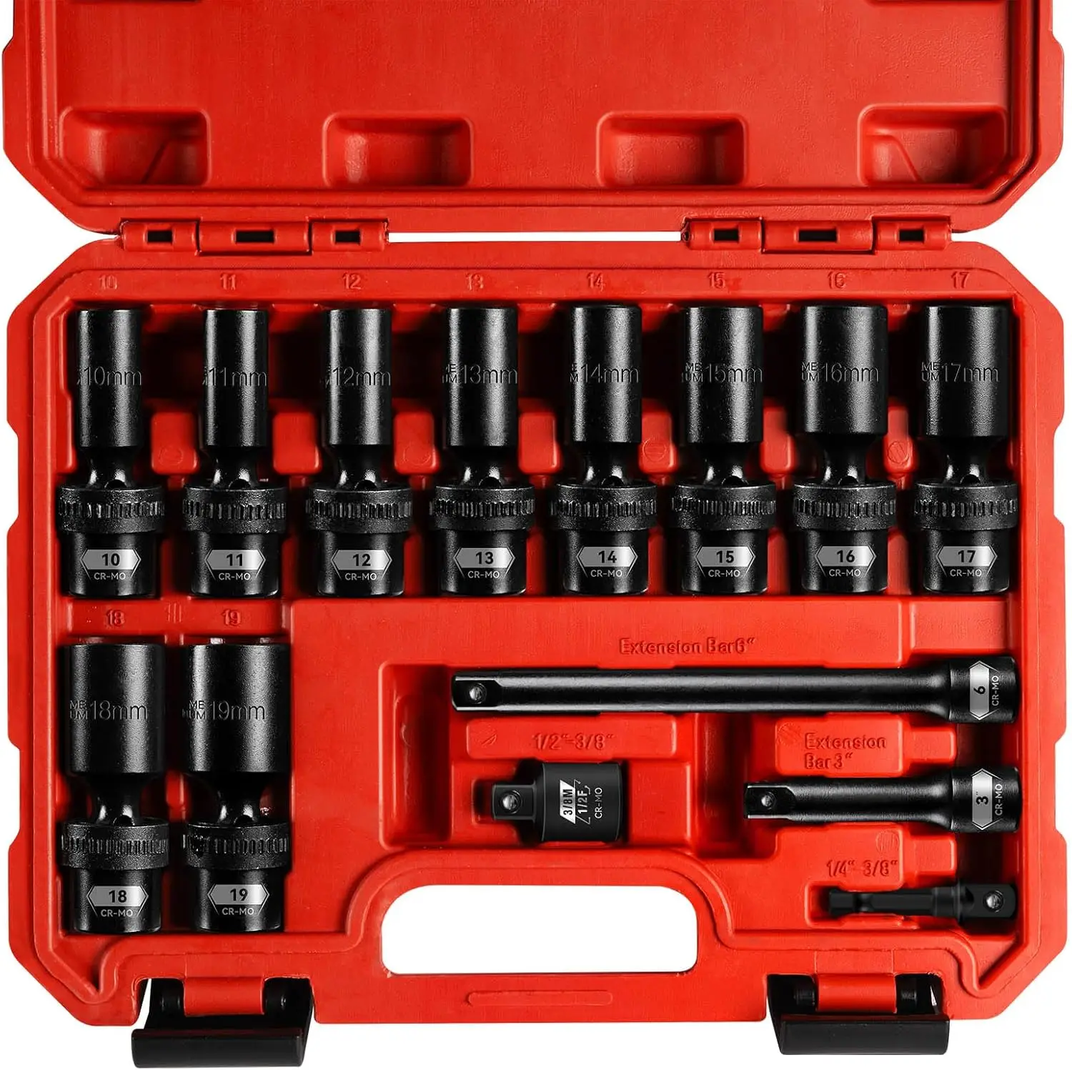 

3/8" Drive Swivel Socket Set, 14 Piece Deep Universal Impact Socket Set, Metric 10-19mm with 3" & 6" Extension Bars