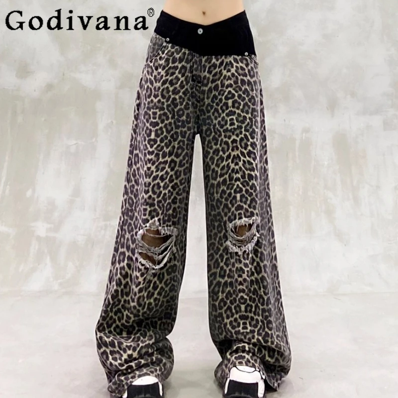 

Elegant Leopard Print Splicing Sexy Personality Ripped Jeans Girl Summer New High Waist Loose Versatile Straight Wide-leg Pants