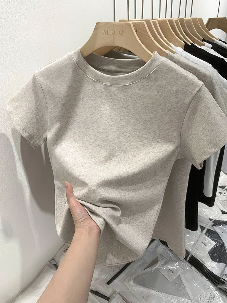 Retro American  Color Short Sleeve Women's T-shirt Summer Slimming Body T-shirt Shoulder Width Basic Tight Pure Cotton Top