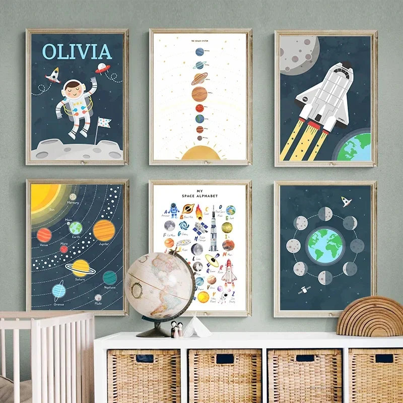 Space-Themed Wall Art Canvas | Astronaut, Rocket, Planets | Alphabet Poster for Baby & Kids Room Decor | Solar System Prints