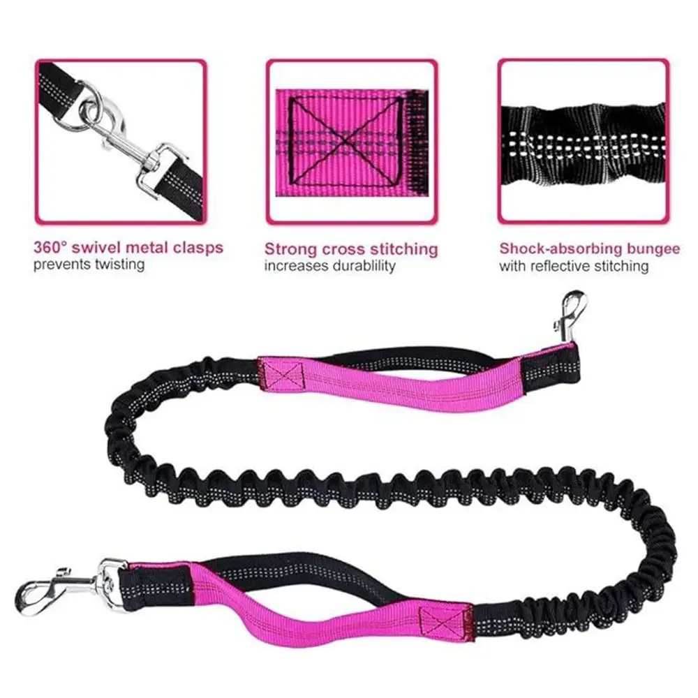 Adjustable Double Dog Leash with Pouch Anti-Tangle Reflective Stitching Twin Lead for 2 Dogs with Dual Bungees Padded Handles