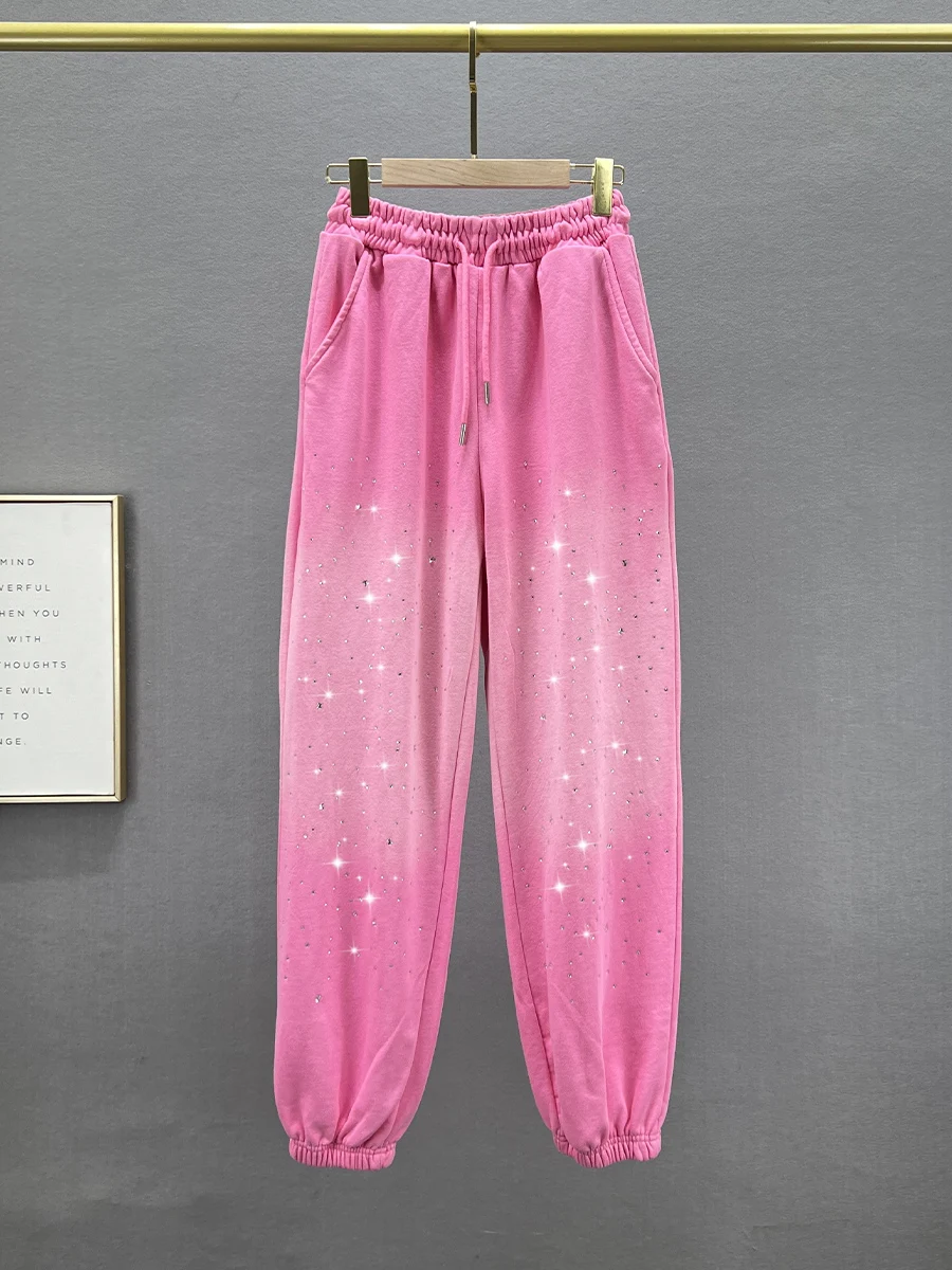 Sweet Candy Color Rhinestone Casual Pants Women's Sweatpants 2024 Spring New High Waist Loose Ankle-Tied Harem Pants Female