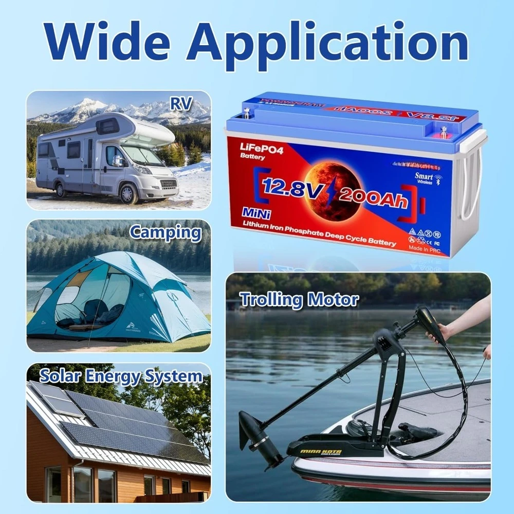블루투스 기능이 있는 12V 200Ah Lifepo4 배터리, 내장형 200A 스마트 BMS, 4500~15000 딥 사이클 등급 A 셀 리튬 배터리