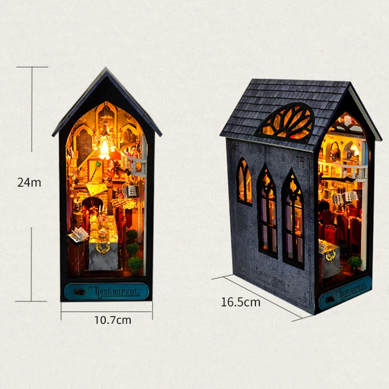 ใหม่ DIY ไม้ Magic ร้านอาหาร Book Nook ชั้นวางใส่ Miniature ชุดชั้นวางหนังสือ Light Bookend เพื่อนของขวัญวันเกิด