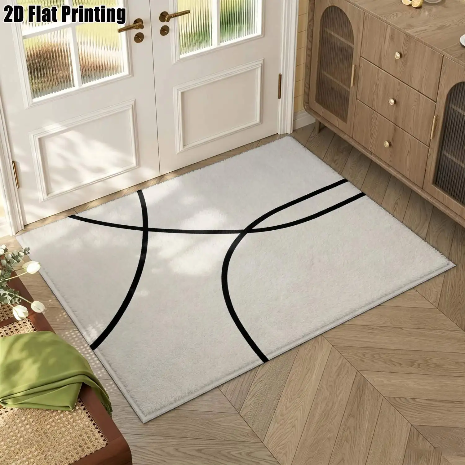 1Pc 2D Printed Beige Geometric Line Nordic/Instagram Style Modern Minimalist Carpet, Machine Washable, Multi-Size, Multi-Scene Home Decor Floor Mat