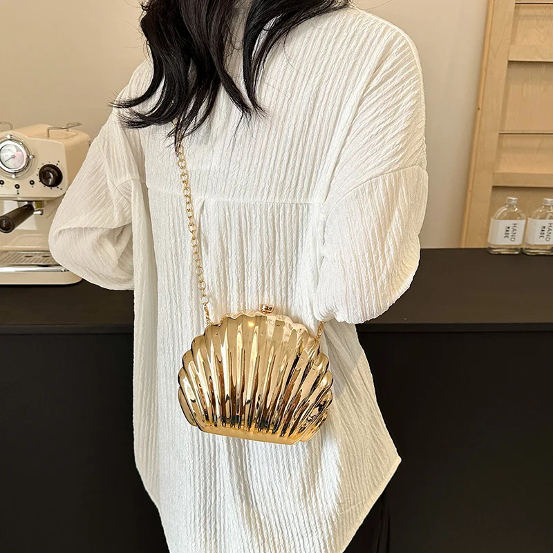 Golden Shell Bag Arclylic Women Evening Clutch Designer Handbag Summer Purse New In Shoulder Bag with Removable Chain for Party