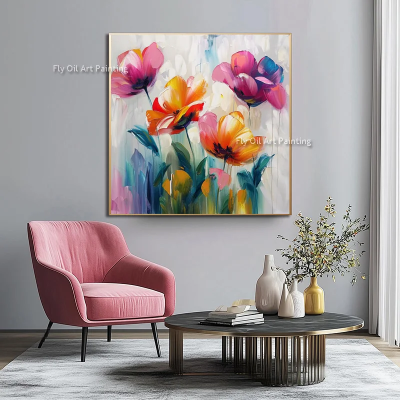 Original Handmade Textured Floral Artwork, Bright Pink Orange Poppy Flower Abstract Oil Painting Canvas Wall Decoration