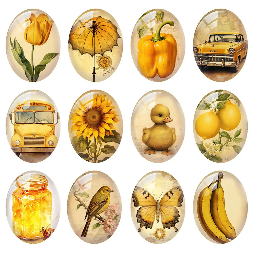 Random Mixed Round/Oval/Square Warm Yellow Retro Flower Bird Photo Glass Cabochon Flatback Demo Cameo For Diy Jewelry Making