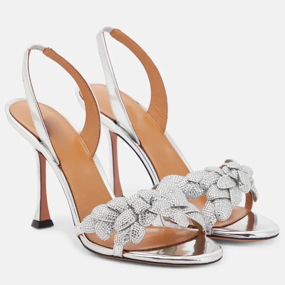 2024 New Rhinestone Leaves Sexy High-quality High-heeled Sandals with Round Heads and Open Toes with Fashionable Women Shoes