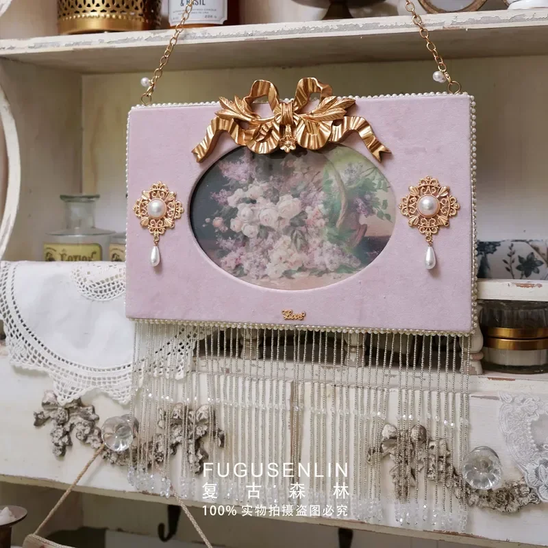 Vintage French Pink Velvet Picture Frame with Bow Handmade Creative Wall Hanging Decoration for European Style Daughter Room