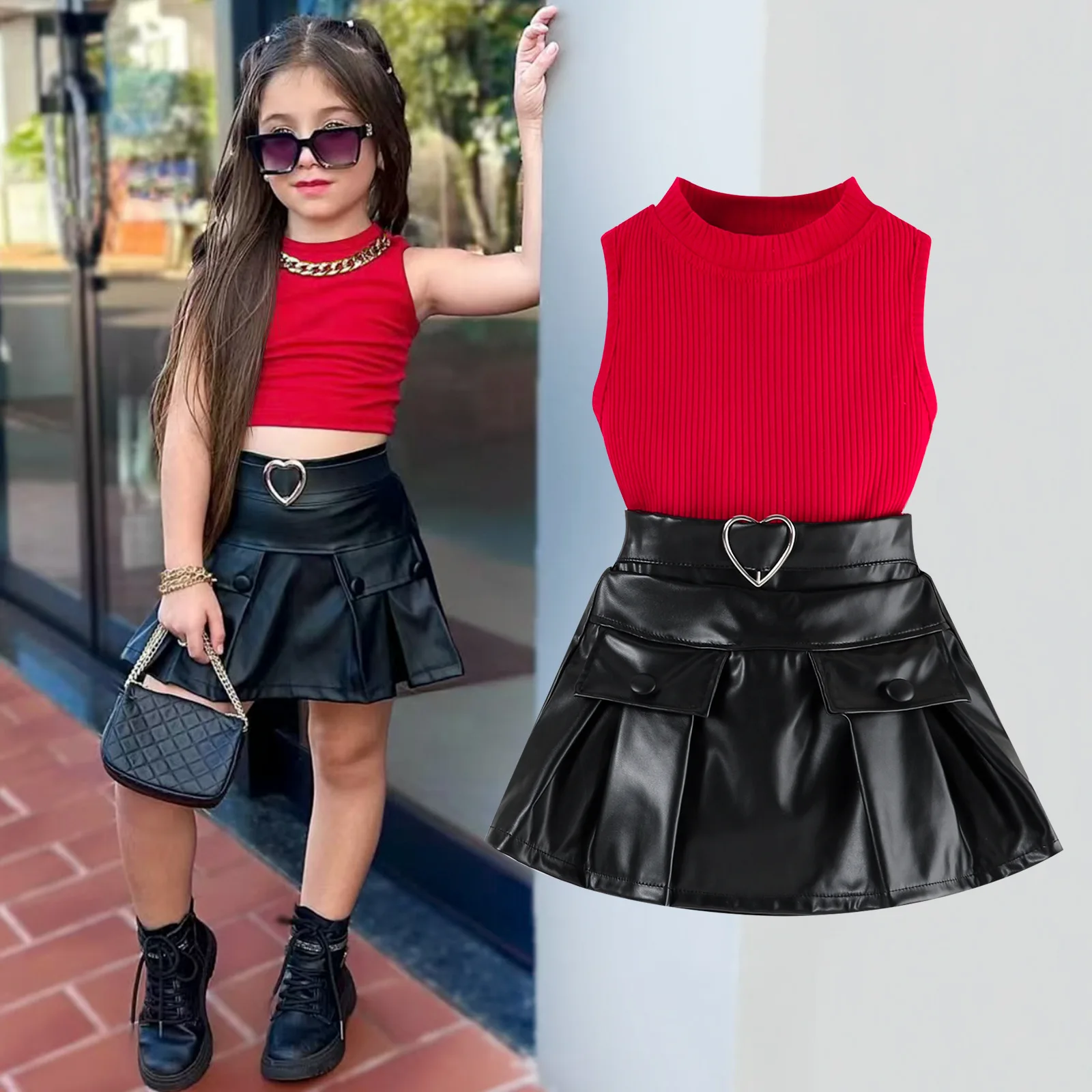 

Children's Suit Summer Girls Solid Colour Pit Stripes Vest Top Pu Leather Decorative Waist Buckle Short Skirt Tide Fan Suit