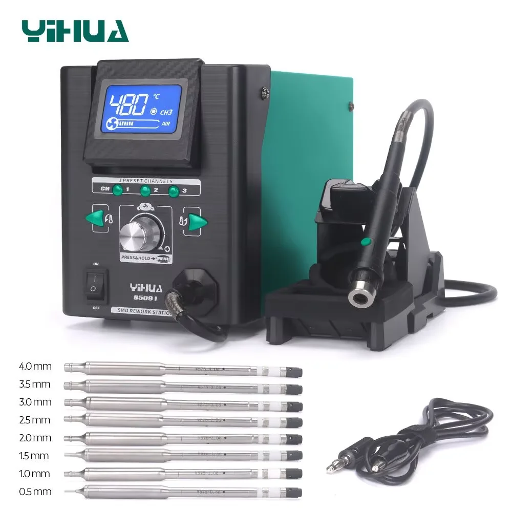 YIHUA 8509-I 마이크로 핫에어 건 솔더링 스테이션: 0.5mm와 3.5mm 노즐로 정밀한 작업을 위한 최적의 선택