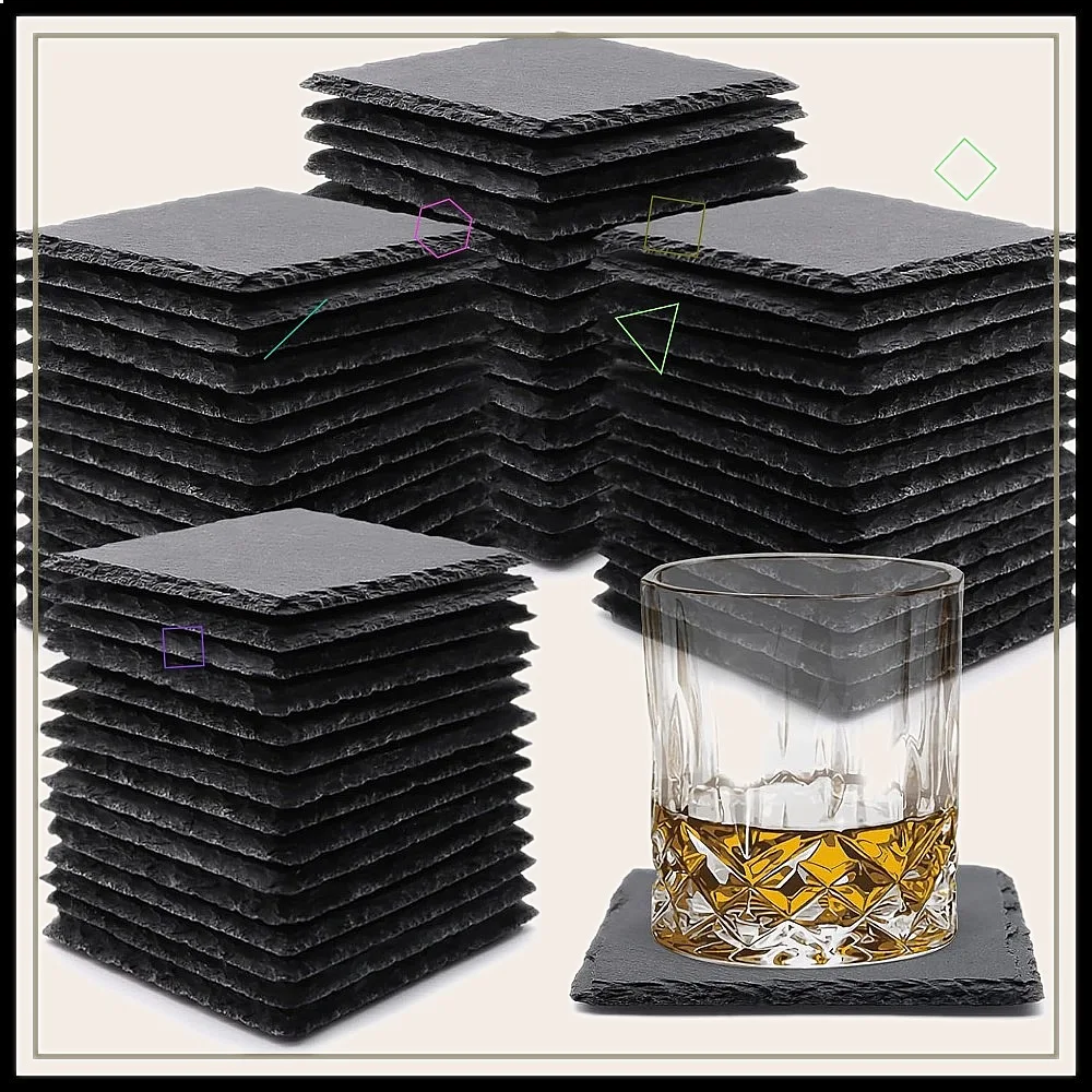 60 Pack Black Slate Drink Coasters 4 Inch Square Stone Coasters with Anti-Scratch Bottom for Home Kitchen