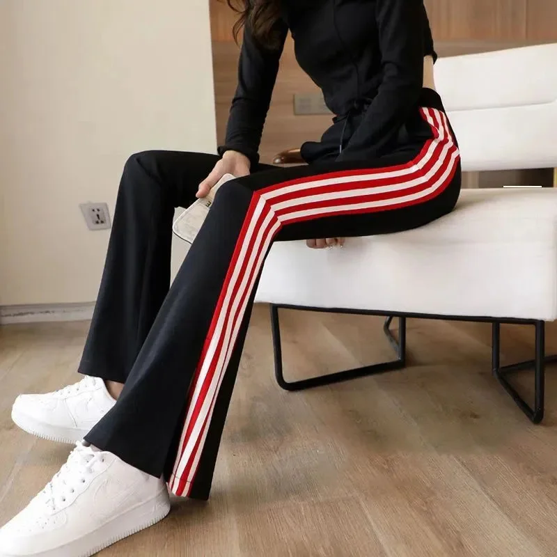 Women Casual Joggers Pants Fashion Streetwear Sports Pants Thin Stripe Color Sweatpants High Waist Trousers Split Plus Size