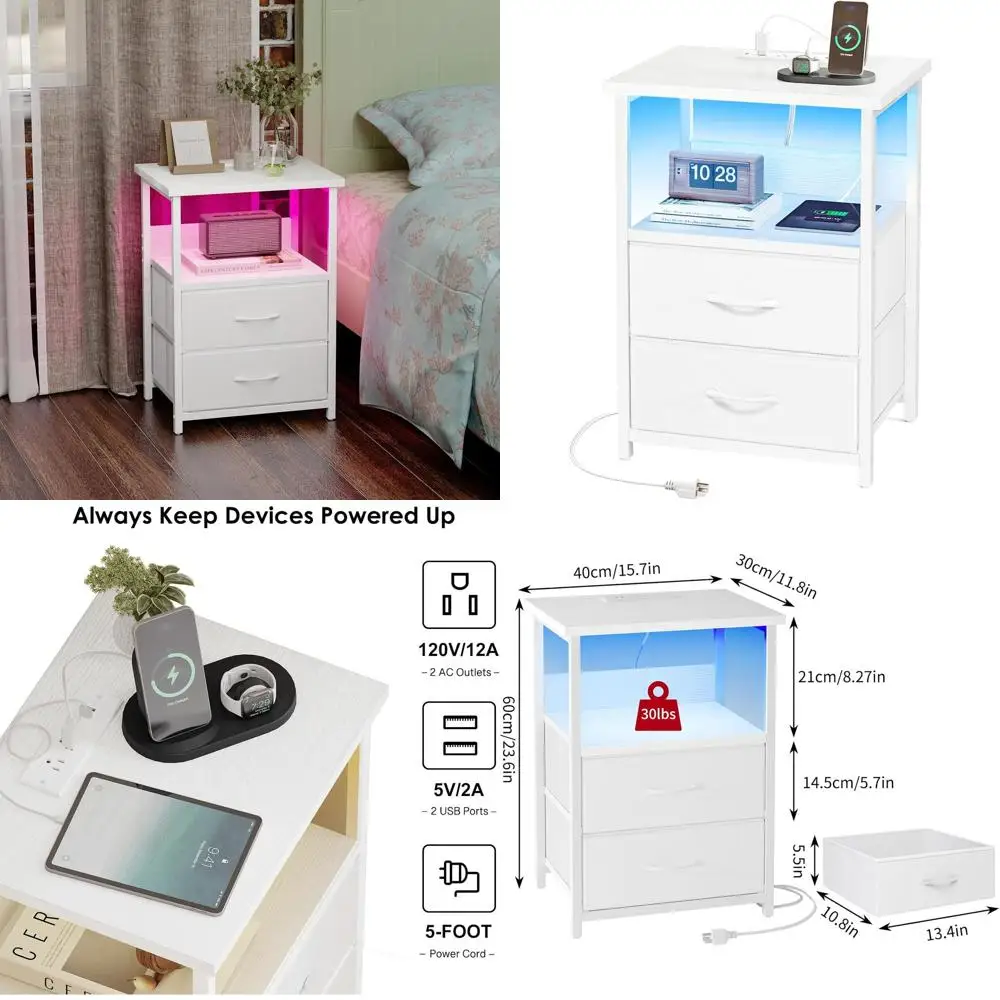 

White LED Nightstand with USB Charging Ports and Fabric Drawers