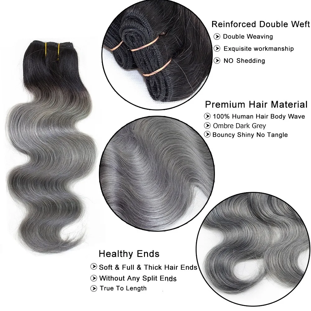 Tissage en lot naturel Remy Body Wave gris foncé-1B, noir ombré à gris, 10 à 22 pouces, extension de cheveux, lots de 1/3/4