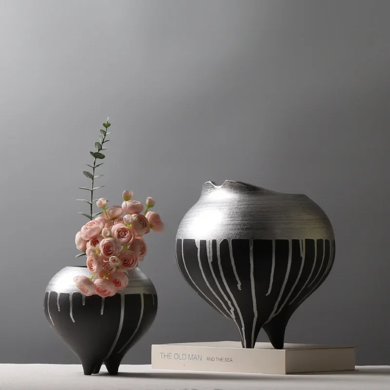Silver Color-blocked Ceramic Vase Flower Vase Flowerpot Ceramic Handicrafts Flower Arrangement Accessories Home Decoration