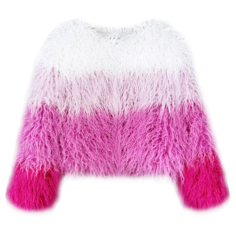 امرأة فو فرو منك معطف تقليد الثعلب الفراء سترة الوردي الوردي التدرج اللون الشاطئ الصوف المرقعة سترة لامب فروي سترة القمم