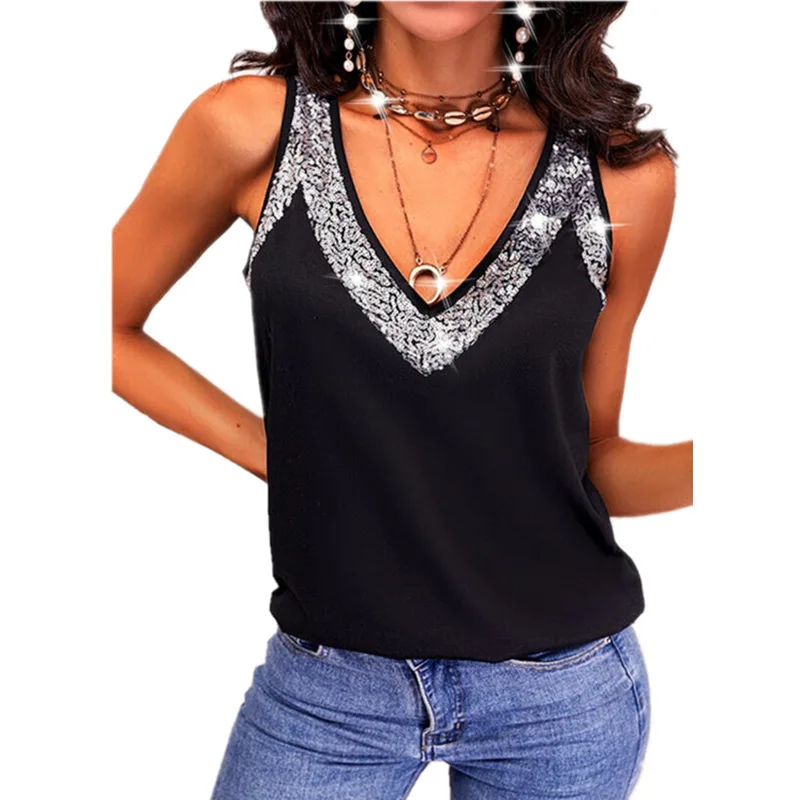 

Fashion Sequins Decoration V Neck Tank Tops Women 2025 Comfortable Casual Loose Vest Sleeveless T-shirt Female Summer Camis Tees