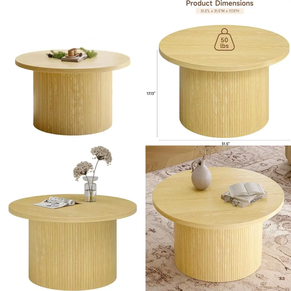 

Mid-Century Modern Oak Drum Coffee Table for Living Room, 31.5 Round Accent Table