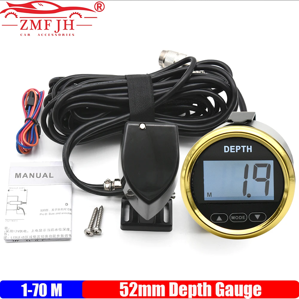 

ZMFJH 1-70M Depth Gauge 2"52MM Depth Meter Indicator Digital with Transducer White Light for Universal Marine Boat Yacht Ship