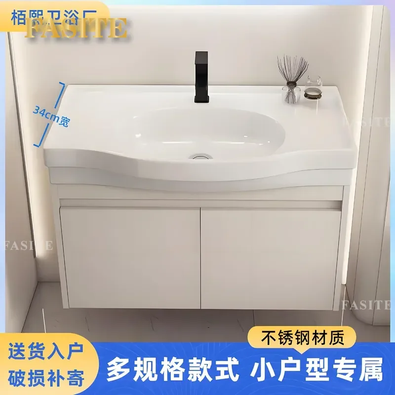 For Small Apartment Bathroom Stainless Steel Cabinet with Ceramic Integrated Basin 34 Inch Wide and Narrow Side Washbasin