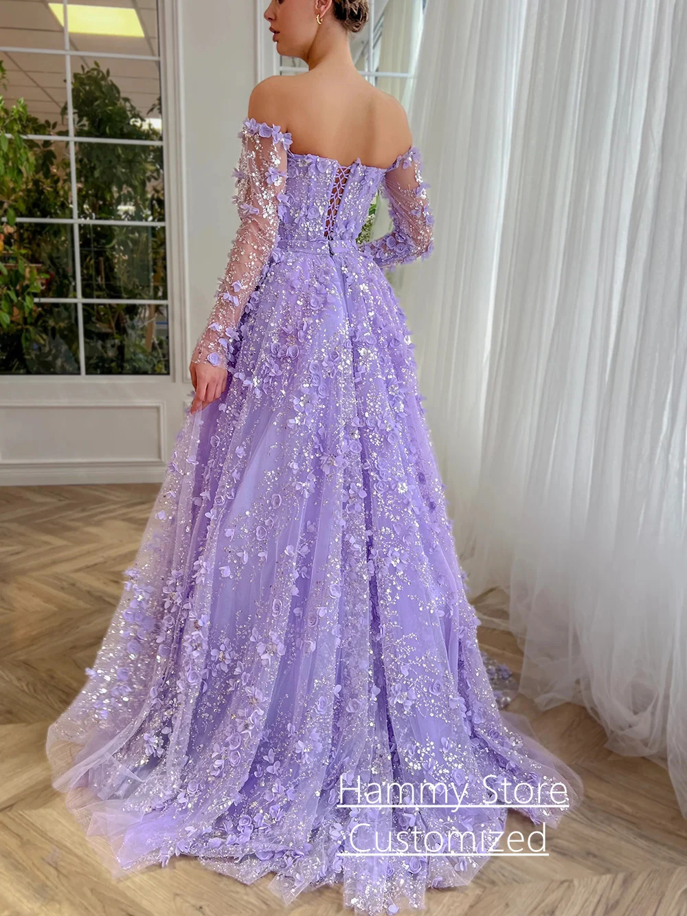 Lilac Evening Dress Customized Luxury Boat Neck Long Sleeves Beading Flower Lace Prom Gown with Deatachable Train Party Dress