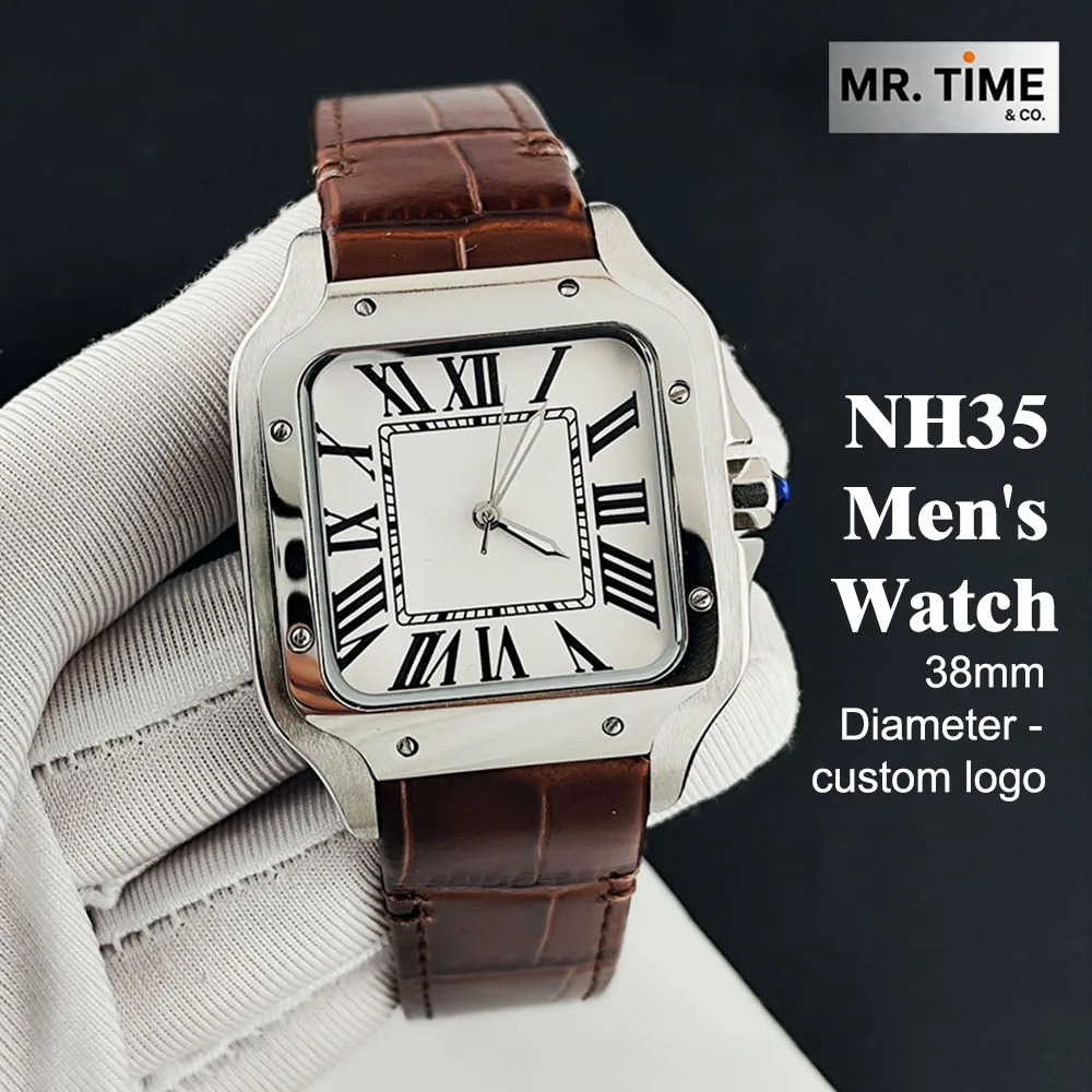 NEW High quality NH35 Watch 38mm Watch Brown Leather Watch Customized Logo Men's Stainless Steel Watch NH35 Movement Watch