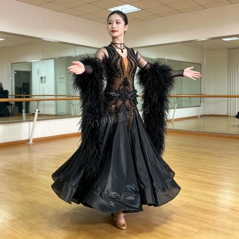 Adult Graceful Black Waltz Performance Dress with Necklace Custom Female Social Dance Championships Advanced Ballroom Clothing