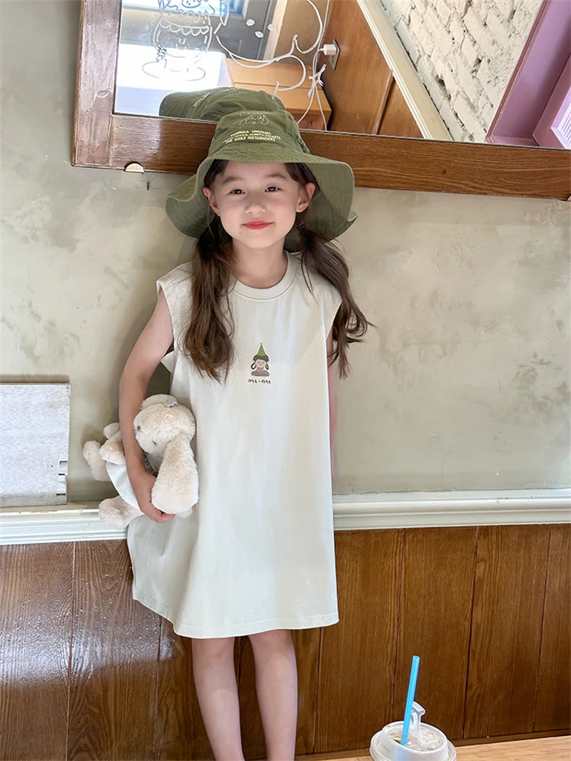 

Cute Girls Vest Skirt Dr Casual Mid-Length Cotton Summer Outfit Korean Sle Print T-irt Dr Daily Wear for Kids