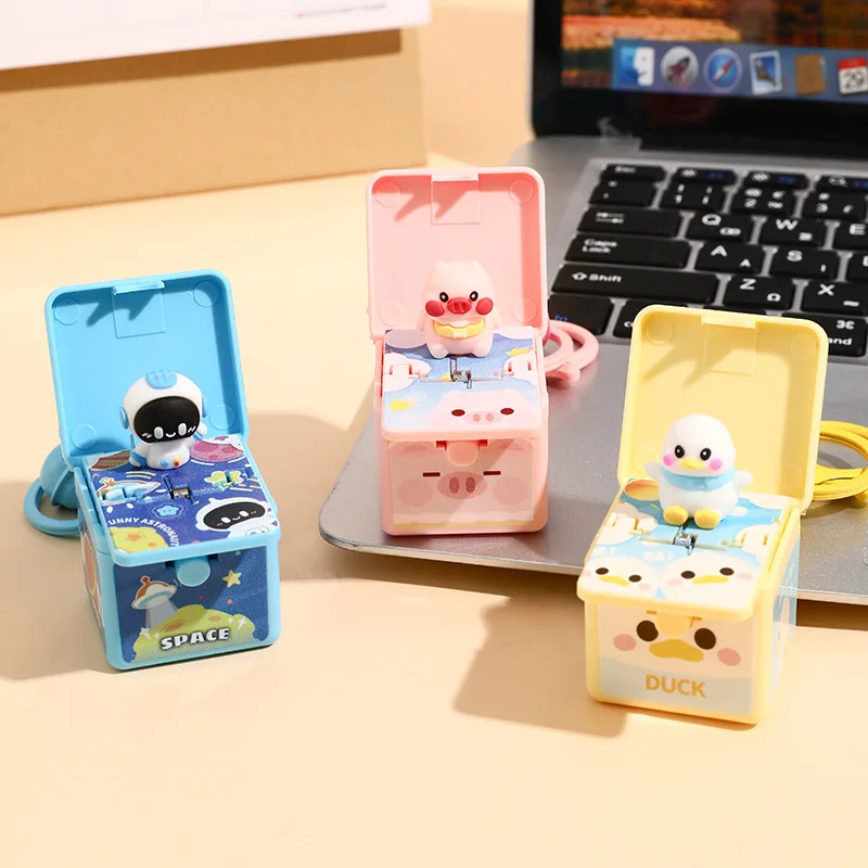 Cartoon Astronaut Pattern One-click Pop-up Surprise Box Keychain Cute Cure Release Emotional Stress Pink Pig Duck Doll Keyring