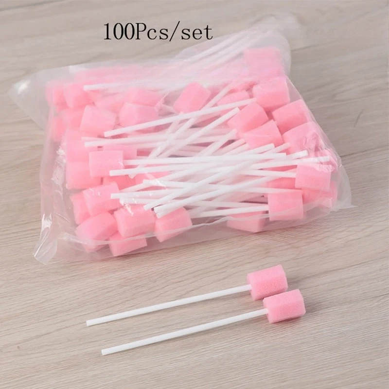 

100 шт. одноразовых гигиенических тампонов для чистки полости рта с губчатой головкой на палочке